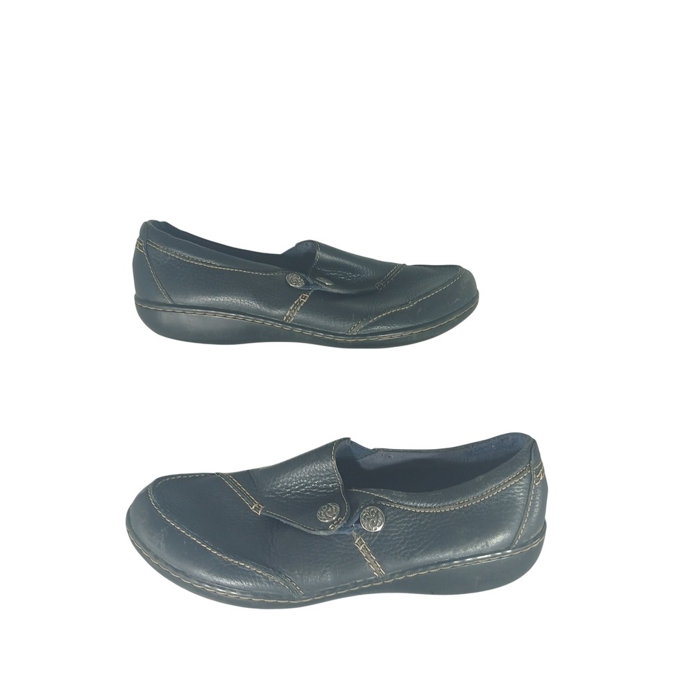 Clarks Loafers 9 Navy Blue Leather Button Accents Comfort Casual Office Slip On